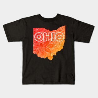 Colorful mandala art map of Ohio with text in red and orange Kids T-Shirt